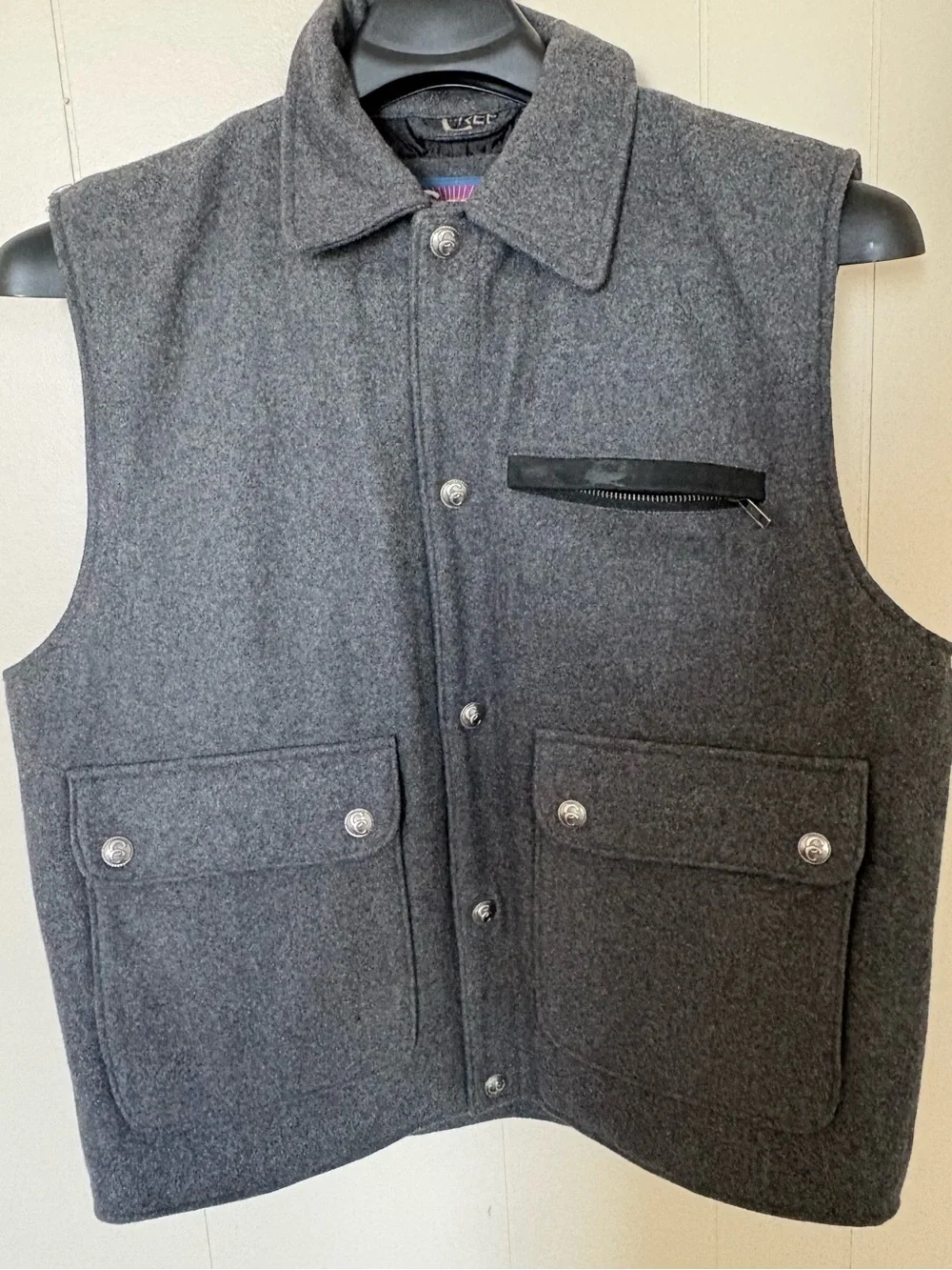 Men's Charcoal Wool Button-Front Vest with Zip Chest Pocket